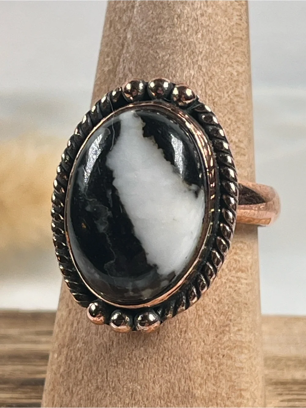 Solid Copper Zebra Jasper Gemstone Ring Size 7.75 Adjustable